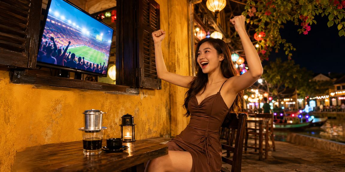 Người dùng xem kèo bóng đá bên ly cà phê tại Hội An