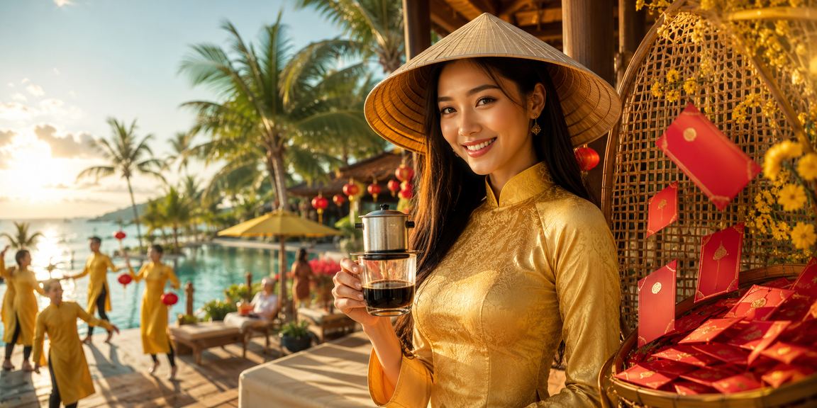 Cô gái áo dài nhận phong bao đỏ may mắn tại Phú Quốc dịp lễ hội